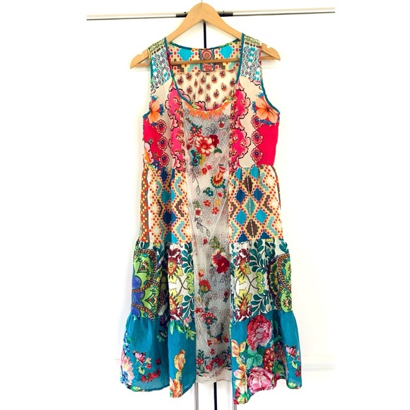Johnny Was Silk Dress Colorful Patchwork Print Embroidered Tiered Slip Size XS - Picture 7 of 7